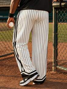 Celana Baseball Pria Ukuran Besar Motif Garis Vertikal Hitam Putih dengan Saku untuk Pemakaian Kasual Sehari-hari - Putih - View 6