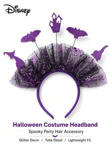 Disney Halloween Spooky Headband, Purple Spider Web Tulle Sequin Witch Hat, Bat & Haunted House Decor, Party Costume Hair Accessory - A - View 2