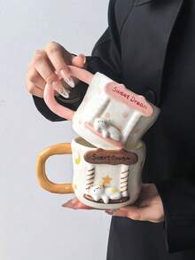 1pc Healing Sleep Cat Ceramic Mug, Large Capacity Handmade Artistic Coffee Cup, Highly Attractive Design & Embossed Cat, Hand-Painted Lines, Suitable For Coffee, Tea, Gift - Multicolor - View 8
