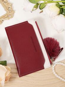 Fashionable And Minimalist Women's Credit Card Bag, With A Pom-Pom Charm, Convenient ID Window Certificate Package, Credit Card Storage Card Package - Burgundy - View 9