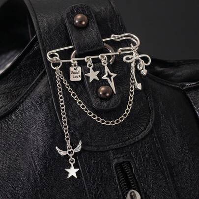 1pc Minimalist Star Brooch With Hollow Bow Chain Pendant, Versatile Decoration For Clothing And Bags