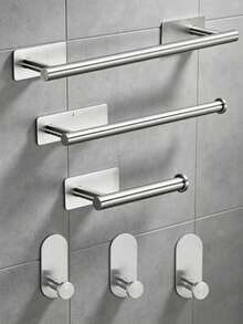 6pcs Bathroom Storage Hanging Set Stainless Steel Towel Rack American Style Toilet Paper Holder Coat Hook - Silver - View 1