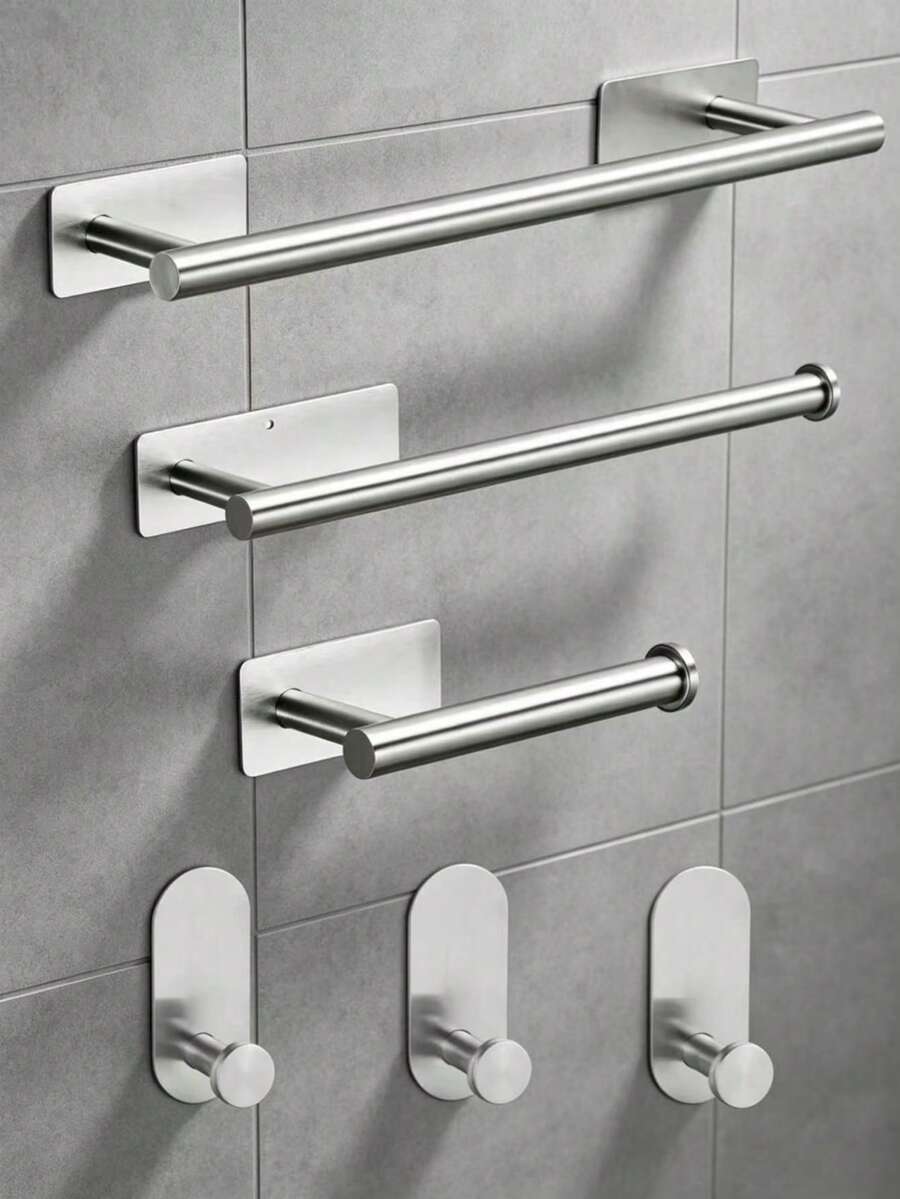 6pcs Bathroom Storage Hanging Set Stainless Steel Towel Rack American Style Toilet Paper Holder Coat Hook - Silver - View 1