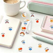 500pcs/Roll Cute Cartoon Rainbow Smiling Face Self-Adhesive Graffiti Stickers, Reward & Encouragement Stickers, Gift Envelope Seal Stickers, PVC Waterproof Stickers For Classroom, School, Work, Study, Training, Scripture Stickers, Handmade Self-Adhesive Labels, Motivational & Encouragement Stickers, Back To School Decoration Stickers, School Opening Stickers - Multicolor - View 5