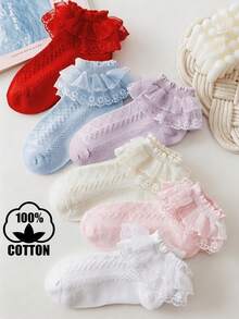 6 Pairs Girls Lace Trim Cotton Dance Socks For Party School Big Kids - Multicolor - View 10