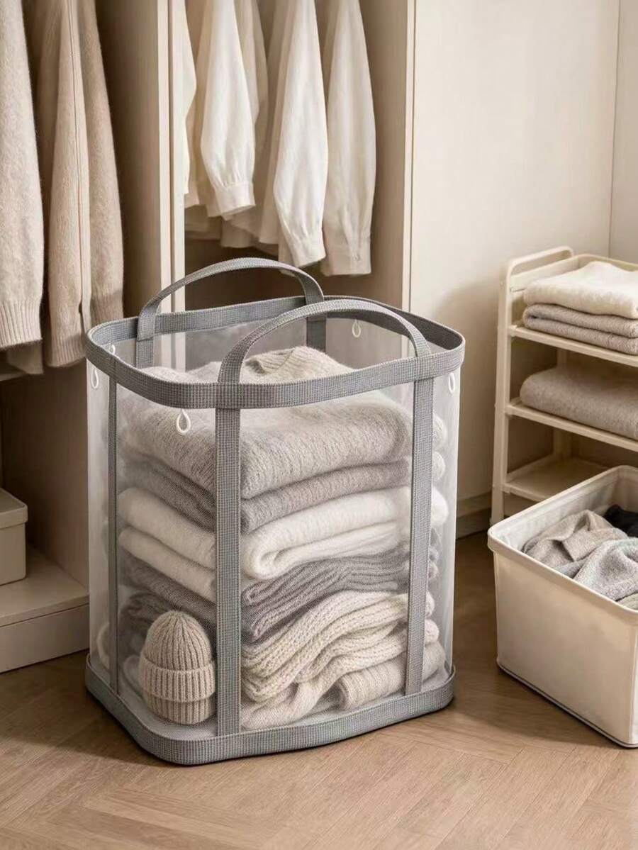 1 Pc Large‑Capacity Collapsible Breathable Mesh Laundry Basket, Rectangular Storage Basket Made Of Thickened Wear‑Resistant Fabric With Reinforced Sturdy Handles, For Storing Dirty Clothes, Bathroom, Dormitory And Laundry Room Organization - Multicolor - View 1