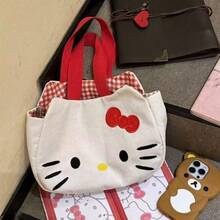 SANRIO Hello Kitty Embroidered Canvas Tote Bag, Daily Commute Shoulder Handbag - White - View 3