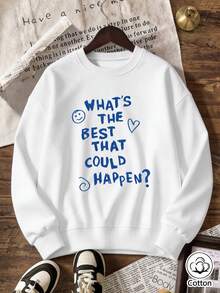 Blue Smile & Heart Print Loose Fit Crew Neck Sweatshirt For Young Women - Breathable Casual Street Style Pullover, Spring & Autumn Daily Wear - White - View 4