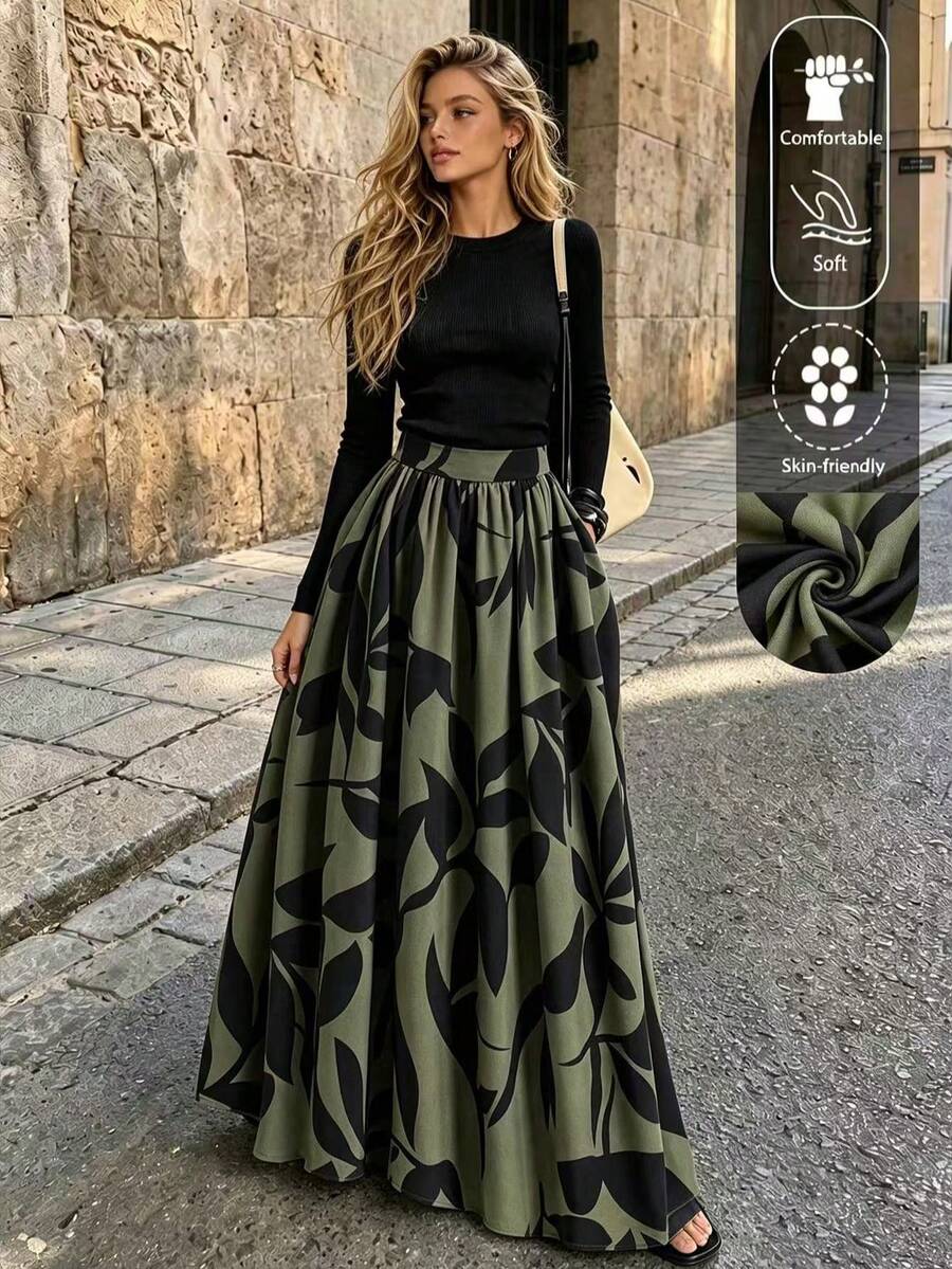 EARO تنورة نسائية ذات خصر عالي وطبعة زهرية على شكل A، تنورة صيفية للعطلات الربيعية - أخضر - مشاهدة 1