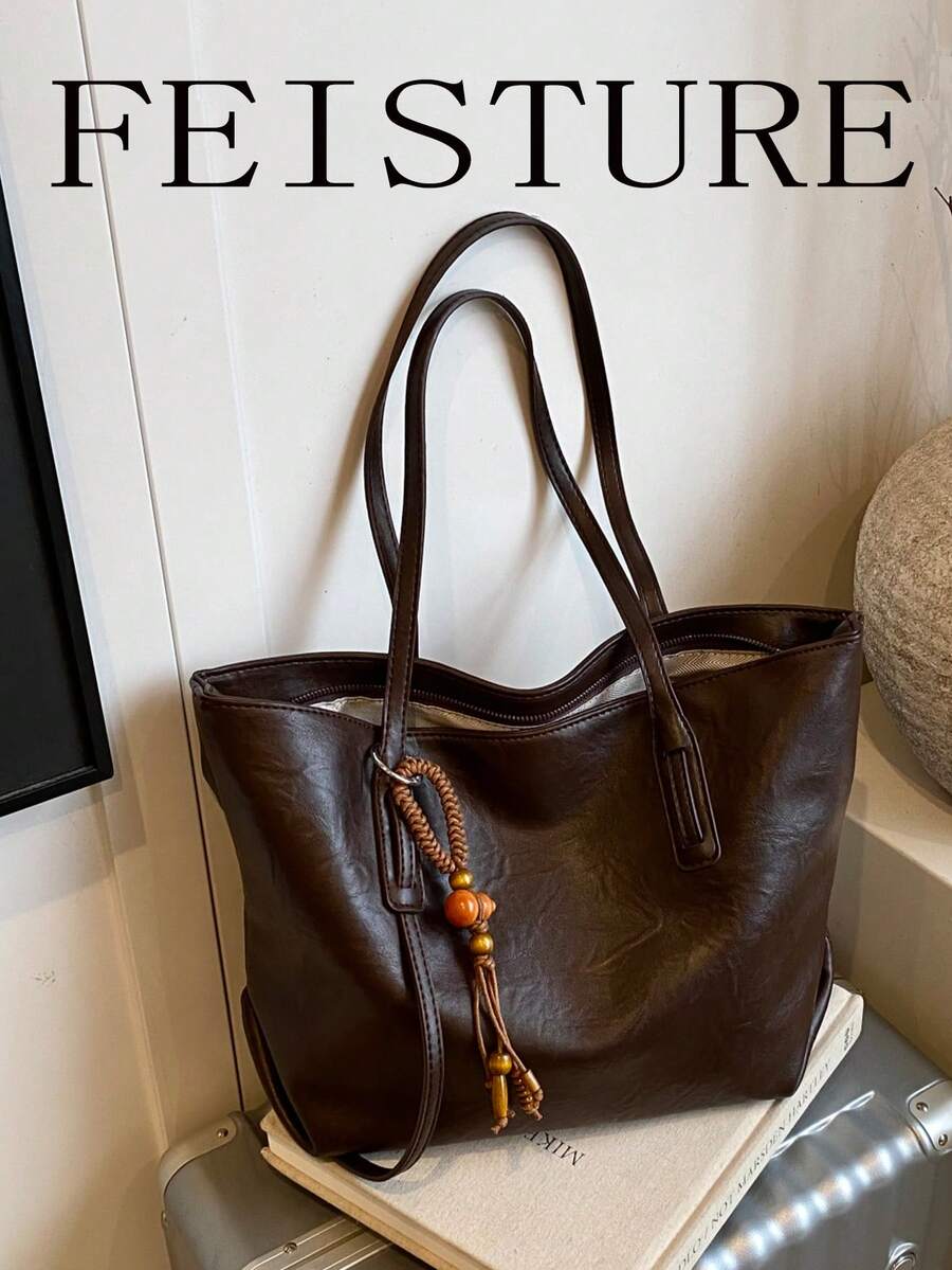1pc Vintage Large Capacity Commuter Tote Bag, Zipper Closure, Pendant Decoration, Suitable For Daily Outing, Dating, Commuting