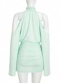 Gorgeous Green Long Sleeve Bodycon Mini Dress For Women, With Cold Shoulder Cut Outs And Stand Collar, Ideal For An Elegant Party Look - Green - View 12