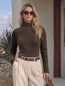 NiceArt Sweater Rajut Campuran Wol Slim Fit Bergaris Leher Tinggi Warna Cokelat Kopi Gelap Vintage Musim Gugur/Dingin untuk Wanita, Pakaian Musim Gugur, Perjalanan ke Kantor, Halloween - Coklat - View 1