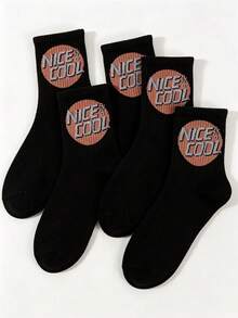 1/5 Pairs Letter Mid-Calf Socks, Unisex Retro Street Style Personalized Print Socks, Breathable Sports Casual Socks - Multicolor - View 11