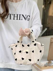 Sweet Heart Print Handbag With Ruched Texture, Casual Hand-Carry Bag For Autumn/Winter Daily Outings, Versatile Girl's Small Bag - White - View 7