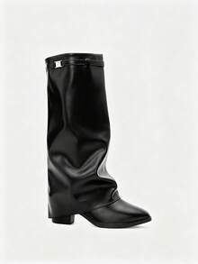 Women's Loose Knee-High Boots, Metal Buckle Wide Shaft Folded Long Boots, Pointed Toe Leather Western Cowboy Boots, Fashion Casual Riding Boots - Black - View 3