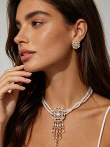 4pcs/Set,Gold Faux Pearl Necklace , Stud Earrings, Ring Jewelry Set, Tassel Crystal Rhinestone Pendant For Wedding Party Prom, Bridal Accessories - Gold - View 2