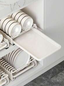 Pull-Out Cabinet Dish Rack, Drill-Free Sliding Dish & Bowl Storage Rack, Metal Draining Dish Rack, Kitchen Cabinet Space-Saving Tableware Storage Rack, Kitchen Countertop & Under-Sink Cabinet Storage Organizer - White - View 6