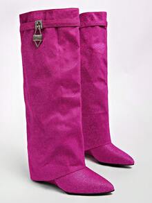 Women's Over-The-Knee Tall Boots, New Autumn/Winter Slimming High Heel Chunky Heel Wedge Heel Fold-Top Boots - Hot Pink - View 5