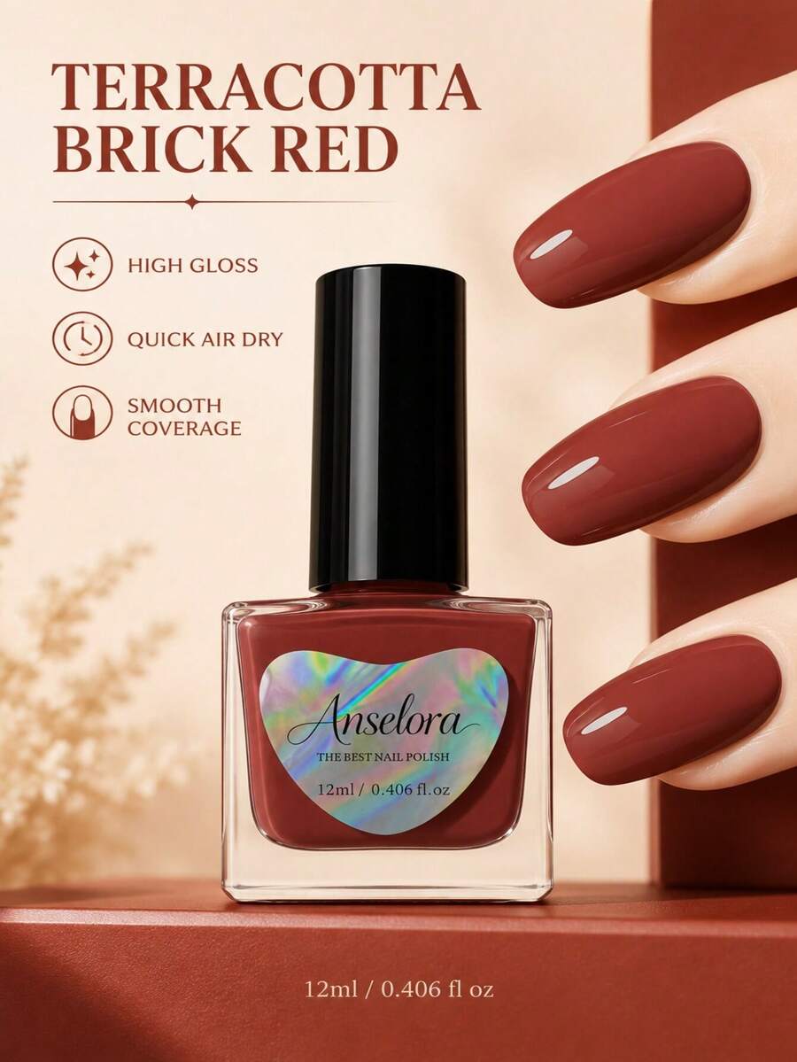 Cat Kuku Berbasis Air Anselora Merah Terracotta, Mengkilap Tinggi, Cepat Kering, Hasil Halus, 12ml, Tidak Perlu Lampu, Manikur DIY Harian - Redwood - View 1