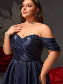 VIPGIRL New Navy Blue Strapless Sequin Patchwork Ruched Bust Design Elegant Plus Size Women's Formal Evening Gown - Navy Blue - View 7