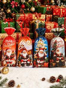 Christmas Gift Bags, Santa & Snowman Mixed Prints, Holiday Candy Treat Packaging Bags For Xmas Party - Christmas D - View 3