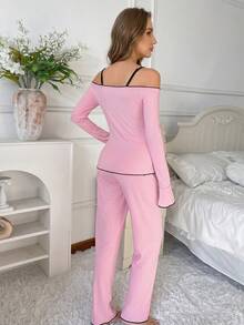 Valentine's Day Gift Spring/Autumn Women's Ribbed Solid Color Sweet Bow Fitted Sexy Cold Shoulder Bell Sleeve Camisole Long Sleeve Pants Casual Comfortable Loungewear Set 2 Pieces - Pink - View 2