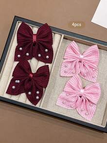 4pcs Red + Light Pink Pearl Bow Hair Clips, Sweet Style Hair Accessories For Daily Wear - Multicolor - View 5