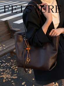 1pc Vintage Large Capacity Commuter Tote Bag, Zipper Closure, Pendant Decoration, Suitable For Daily Outing, Dating, Commuting - Coffee - View 3