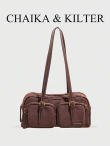 CHAIKA & KILTER 1件純色PU布料女款時尚單肩包，多口袋大容量波士頓保齡球包，拉鍊開合，適合日常使用與旅行 - 咖啡 - 查看 1