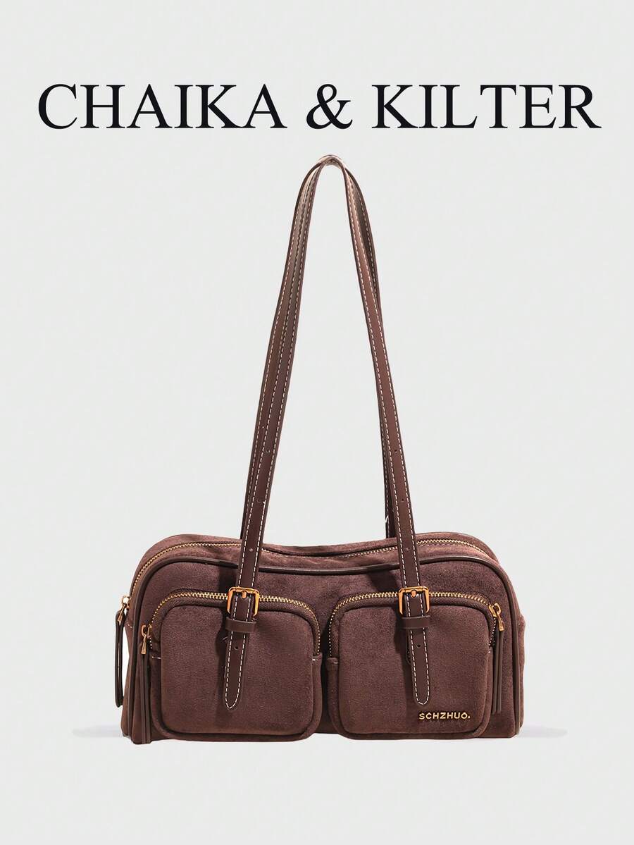 CHAIKA & KILTER 1件純色PU布料女款時尚單肩包,多口袋大容量波士頓保齡球包,拉鍊開合,適合日常使用與旅行 - 咖啡 - 查看 1