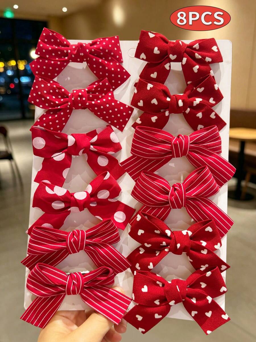 8pcs Girls Cute Red Polka Dot Striped Bow Hair Accessories, Bun, Side Braid, Loose Hair Clips For School, Birthday Party, Back To School (Random Color) - Red - View 1