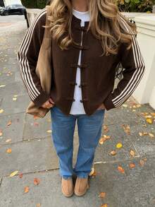 FOR BEAUTY Fall Winter Women Cardigans Y2K Chic Brown Striped Sleeve Frog Button Knit Tops Loose Crewneck Sweaters Office Brunch Casual Outfits - Brown - View 3