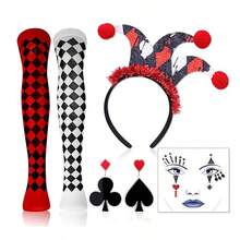 4pcs Poker Clown Accessory Set, Red & Black Plaid Long Socks, Clown Pointed Hat Headband, Poker Card Props, Halloween Cosplay Party Costume - Multicolor - View 8