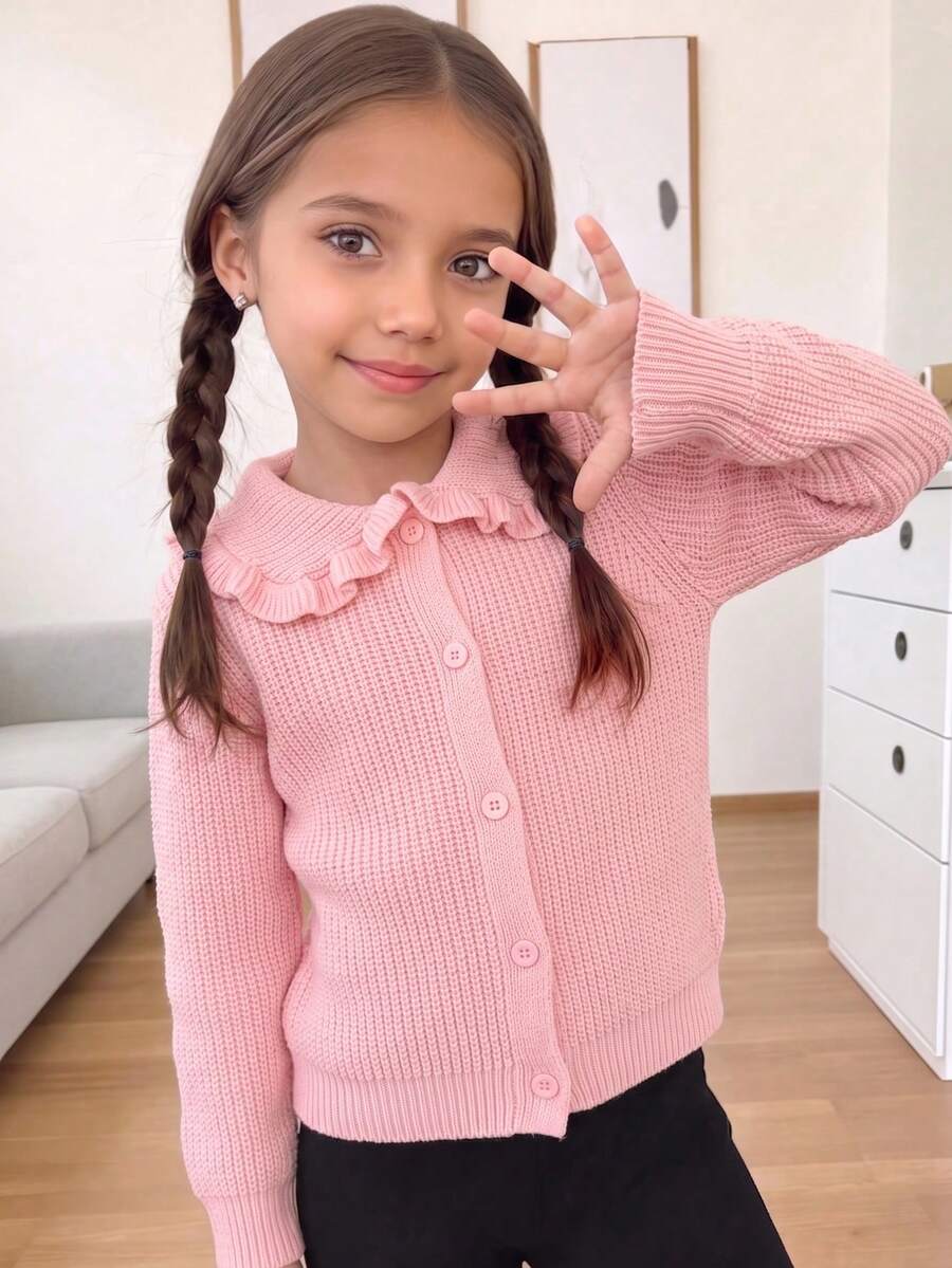 Girls' Ruffle Peter Pan Collar Long Sleeve Knitted Cardigan With Pique Texture, Single-Breasted Design, Sweet And Cute Casual Versatile Sweater Jacket For Daily Wear In Autumn/Winter - Pink - View 1
