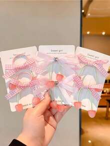 2pcs Pink Plaid Bow Cherry Hair Clips, Sweet Cute Side Bangs Hair Clips, Women's Daily Hair Accessories - Multicolor - View 5