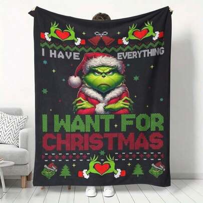 The Grinch Green Furry Flannel Blanket, Soft Warm Thick Flannel Winter Warm Blanket, Cute Cartoon Character Office Nap Blanket. Outdoor Camping Warm Blanket, Winter Warm Bedding Blanket, Sofa Blanket, Travel Blanket, Bed Blanket, Air Conditioning Blanket, Car Seat Warm Shawl Blanket, Christmas Gift For Family And Friends, Halloween Costume