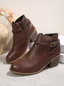 Women's Autumn/Winter New Vintage Western Style Woven Rope Buckle Ankle Boots, Chunky Heel Side Zipper Casual Ankle Boots - Brown - View 6