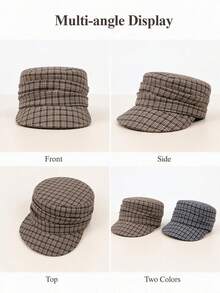 Women Houndstooth Newsboy Cap, Vintage Plaid Peaked Hat, Face-Slimming Octagonal Cap, Fall Winter Essential, Maillard Style, For Commute Outing - Plaid Newsboy Cap - View 5