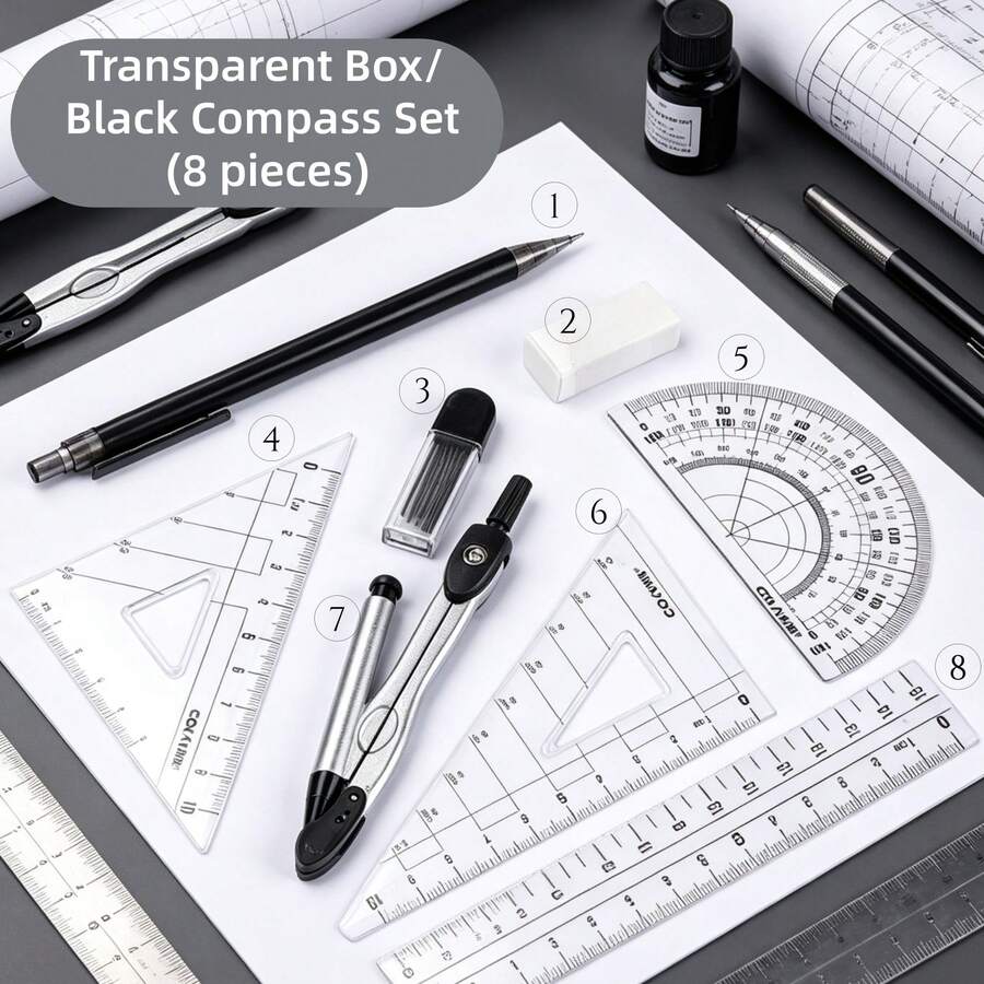 8-Piece Transparent Plastic Geometric Compass And Ruler Set - Durable Drawing Tool Set, Includes Protractor, Triangle Ruler And Eraser, Suitable For School And Art Projects - Sets - View 1
