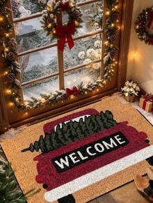 1pc Funny Christmas Red Truck Welcome Pattern Printed Doormat, Holiday Atmosphere Decor For Yard, Winter Outdoor Welcome Mat, Garden Decoration, Home Decor - Mustard Yellow - View 1