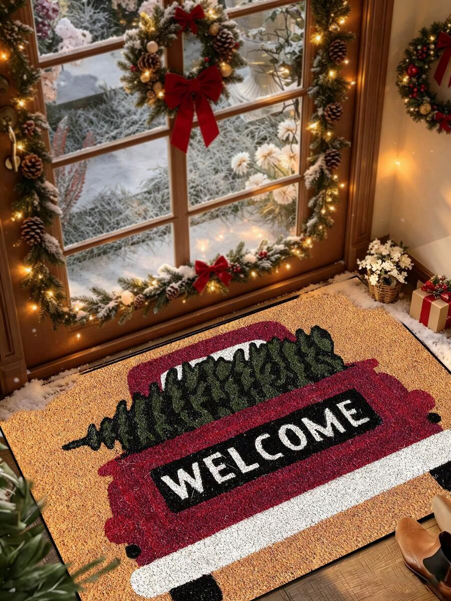 1pc Funny Christmas Red Truck Welcome Pattern Printed Doormat, Holiday Atmosphere Decor For Yard, Winter Outdoor Welcome Mat, Garden Decoration, Home Decor - Mustard Yellow - View 1