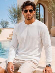 1pc White Vertical Textured Solid Color Men's T-Shirt, Crew Neck Loose Fit Long Sleeve Top, Soft Ribbed Knit Fabric, Clean Silhouette Flattering Fit, Versatile Layering Piece, Minimalist Vacation Style, Suitable For Shopping, Dating, Vacation And Travel - White - View 3