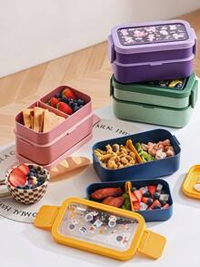 1pc Cartoon Japanese Style Double Layer Compartment Bento Box, Microwave Leak-Proof Sealed Lunch Box With Fork And Spoon, Portable Food Storage Container Suitable For Students, Office Workers And Picnics - Multicolor - View 8