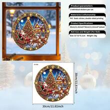 1pc Vintage Round Santa Claus Reindeer Sleigh Static Window Sticker, Christmas Tree Snow Scene Window Decoration Sticker, Christmas Decor, Glass Window Sticker, Christmas Gift - Multicolor - View 3