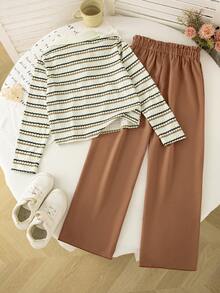 Girls' Casual Fashion Striped Collared Long Sleeve Top And Elastic Waist Wide Leg Pants 2 Pieces Set, Spring/Autumn - Brown - View 2