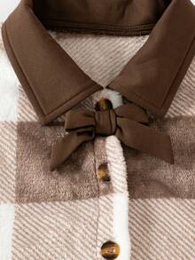 Girls' Casual Fashion Plaid Lapel Bow Ribbon Decor Single-Breasted Thermal Lined Jacket, Autumn/Winter - Khaki - View 4