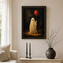 1PC Unframed Vintage Halloween Art Print, Cute Tattered Ghost Holding Red Balloon Dark Moody Background Wall Poster, Halloween Decor Fall Decor Wall Decor Home Decor, Whimsical Spooky Wall Decoration Gift For Halloween Season - Abstract - View 8