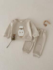 2Pcs/Set Baby Boys Cartoon Lamb Flocked Top & Pants Set, Comfortable 2 Pieces Outfit For Spring And Autumn - Apricot - View 4