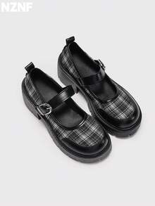 NZNF 1 Pair Houndstooth Preppy Style PU Leather Buckle Wedge Thick Sole Loafers For Women, Office Wear, All Seasons - Black - View 3