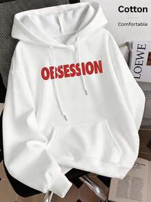 Autumn Women's Hoodie With Red "OBSESSION" Letter Print And Drawstring Hood, Y2K - White - View 3